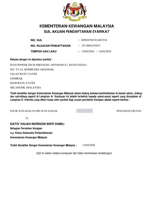 Sijil Akuan Pendaftaran Syarikat Kementerian Kewangan Wan Power Tech Services