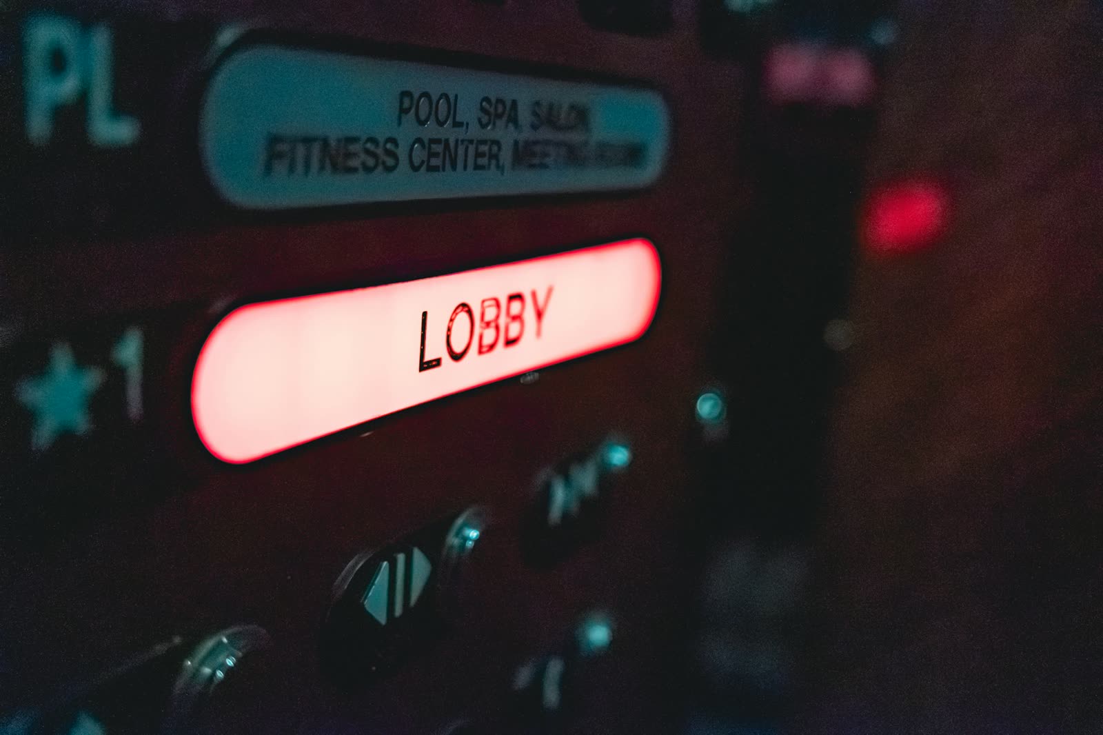 Elevator call buttons in a lobby